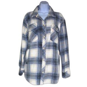 Thread & Supply Plaid Flannel Shacket Women’s Size Small Blue White Oversized